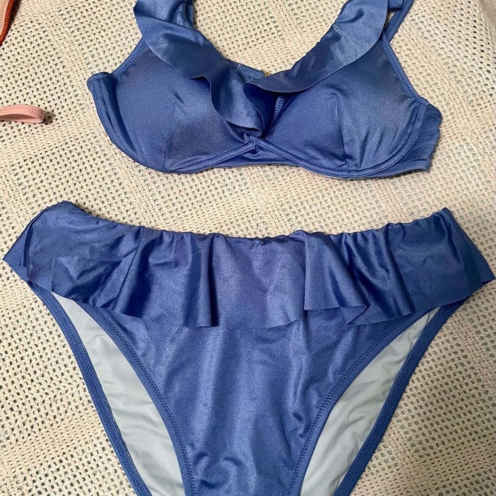 Victorias Secret Blue Ruffle Plunge Highwaist Bikini Swimsuit Set sz 34C & Large - Picture 9 of 14